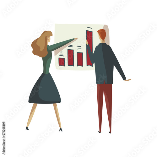 Woman with a man look at the diagram on the board. Vector illustration on white background.
