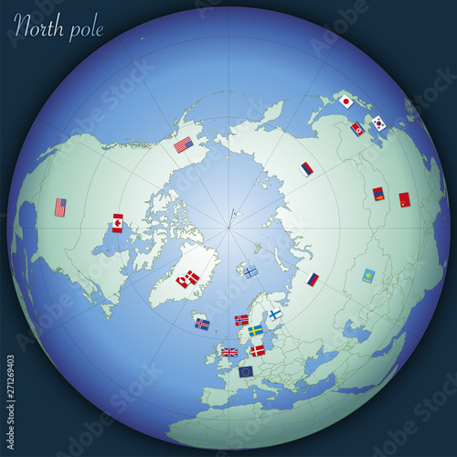 North pole global map with country flags, vector illustration