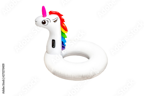 Rubber unicorn pool or beach toy isolated on white background.