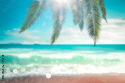 Fototapeta Naklejka Na Ścianę i Meble -  Blurred background of sea and green palm 
