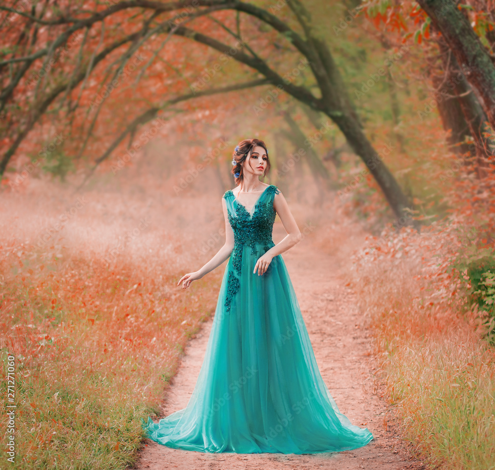 incredible cute sea princess walks through a red fairy forest alone, a magic fairy in a green turquoise dress, a cute dark-haired nymph like a magic flower, a lady on a secret path, creative colors
