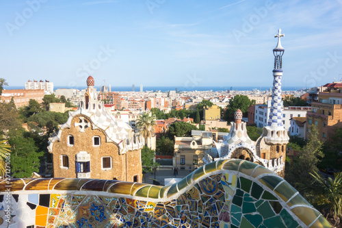 View of Barcelona from Park Guell in a summer day.