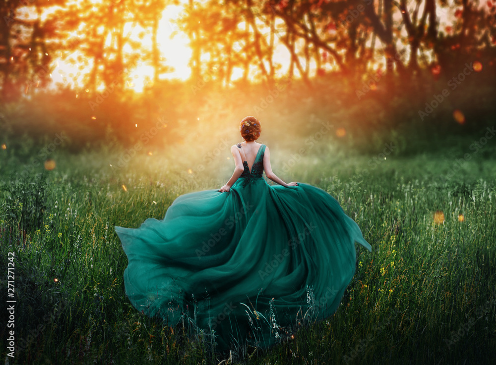 magical picture, girl with red hair runs into dark mysterious forest, lady in long elegant royal expensive emerald green turquoise dress with flying train, amazing transformation during fiery sunset magical picture, girl with red hair runs into dark mysterious forest, lady in long elegant royal expensive emerald green turquoise dress with flying train, amazing transformation during fiery sunset