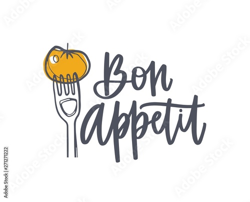 Bon Appetit phrase handwritten with cursive calligraphic font and decorated by tomato on fork. Elegant lettering and food isolated on white background. Hand drawn realistic vector illustration.