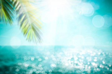 Blurred background of sea and green palm 