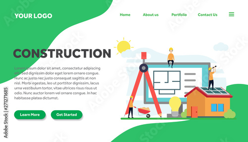 construction creative illustration landing page vector of building graphics , small people in construction illustration vector , building architecture , for website landing page