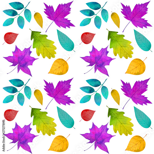  Watercolor seamless pattern with Bright multicolored leaves on a white background
