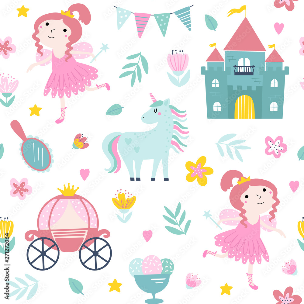 Children fairy seamless pattern with princess