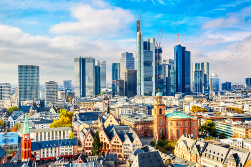 Frankfurt am Main financial business district. Panoramic aerial view cityscape skyline with skyscrapers in Frankfurt, Hessen. Germany