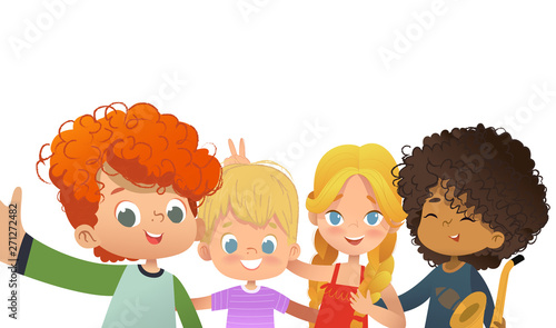 Group of friends taking a selfie. Multicultiral Children shoot themself on smartphone. Kids fooling around on camera. Vector illustration.