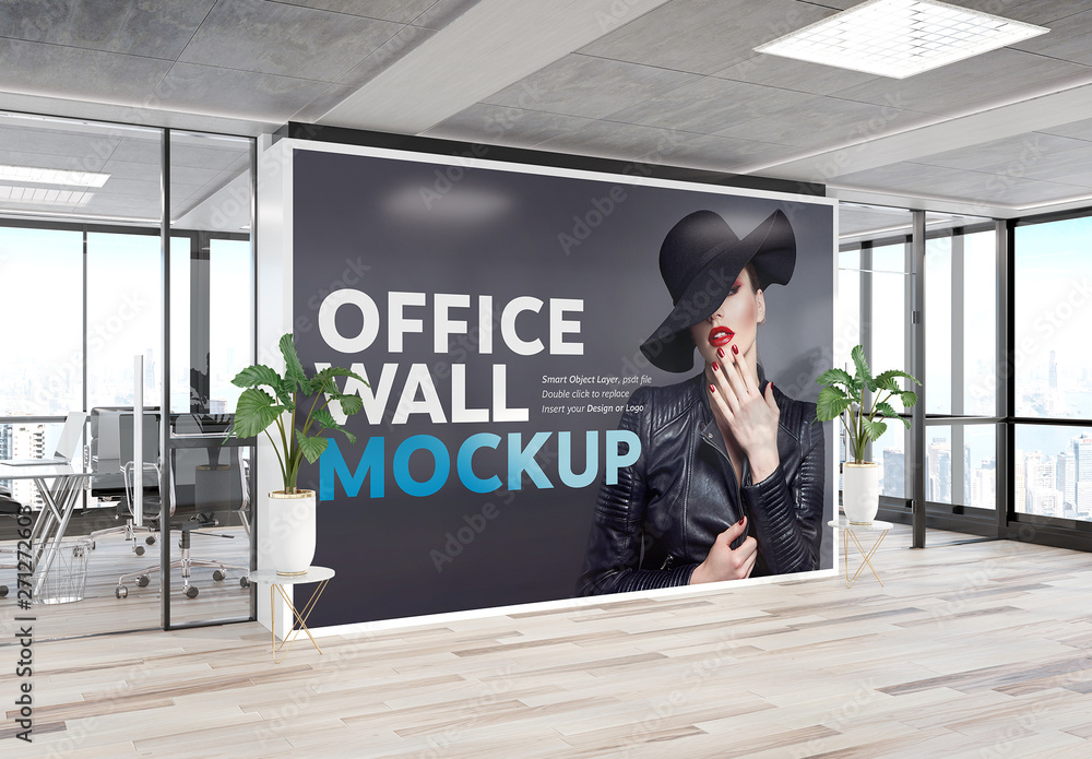 Printed Wall in Modern Office Mockup Stock Template | Adobe Stock