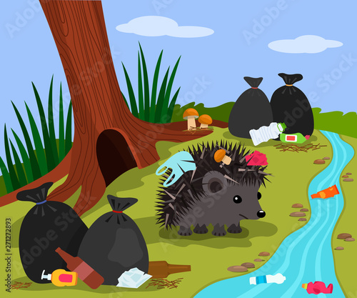 Ecological disaster from plastic waste in the forest. A cute hedgehog near the mink on the background of a landfill and garbage bags and a plastic-polluted stream. vector illustration