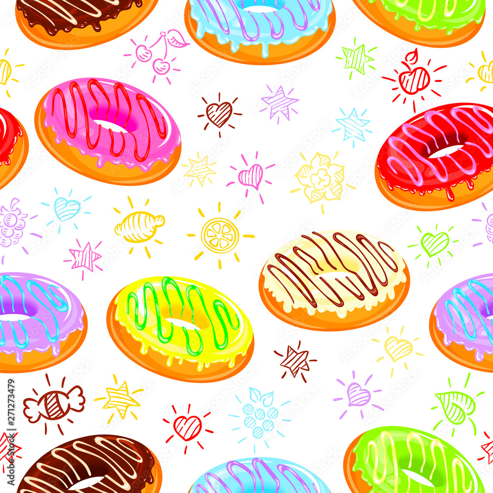 Seamless donuts with caramel and scribbles