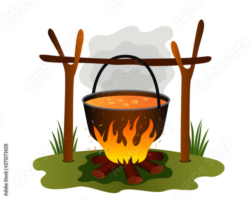 boiling lunch in a pan in nature. Boiler and bonfire in the summer camp. concept of green tourism and recreation. flat vector illustration