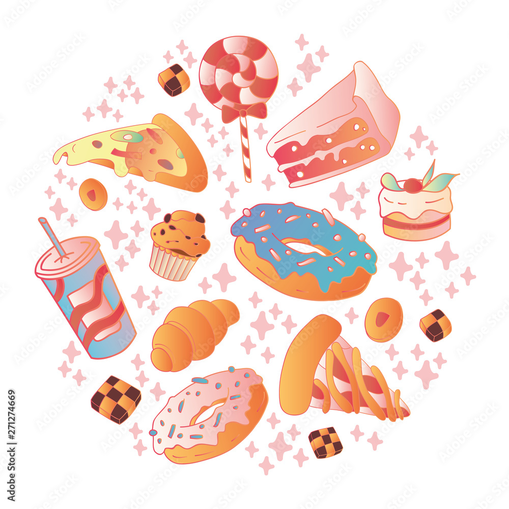 Fototapeta premium Colorful vector hand drawn Doodle cartoon set of objects on the fast food theme