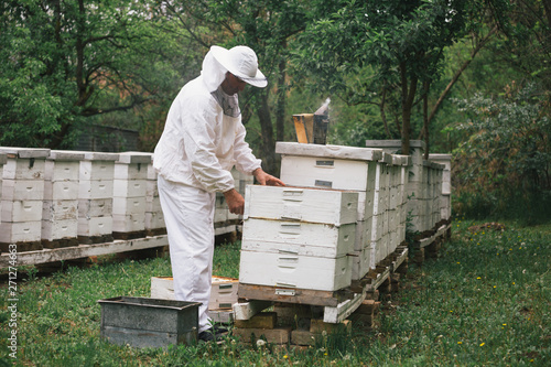 worker in protective wear working on apiary
