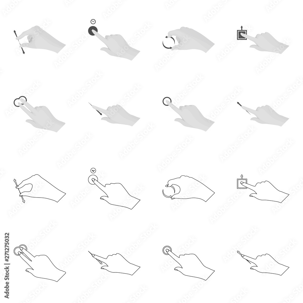 Fototapeta premium Vector illustration of touchscreen and hand sign. Collection of touchscreen and touch stock vector illustration.