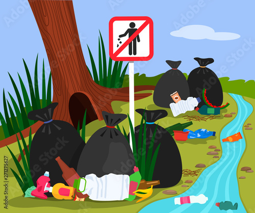 Ecological disaster from plastic waste in the forest. forest landscape garbage dump and trash bags in the river. Stop trash sign.