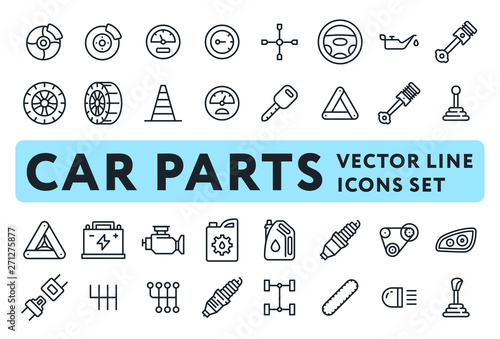 Car Parts Garage Vector Line Icons Set. Brake Disc, Speedometer, Steering Wheel, Wrench, Motor Oil, Tire, Engine, Warning Triangle, Piston.