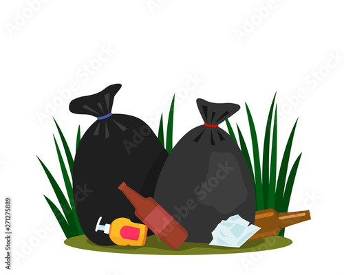Ecological disaster from plastic waste in the forest. landfill and garbage bags. concept take care of nature. vector