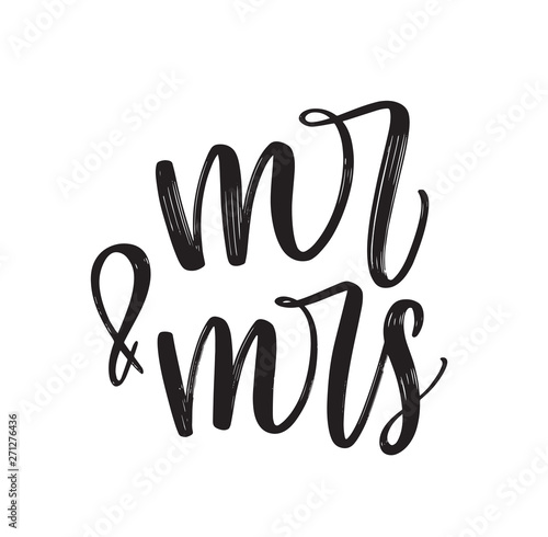 Mr And Mrs text written with elegant cursive calligraphic font or script on white background