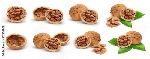 Wallnuts. Whole walnut, peeled walnut, half walnut, walnut shell, walnut kernel, walnuts with leaves isolated on white background. Collection. Set.