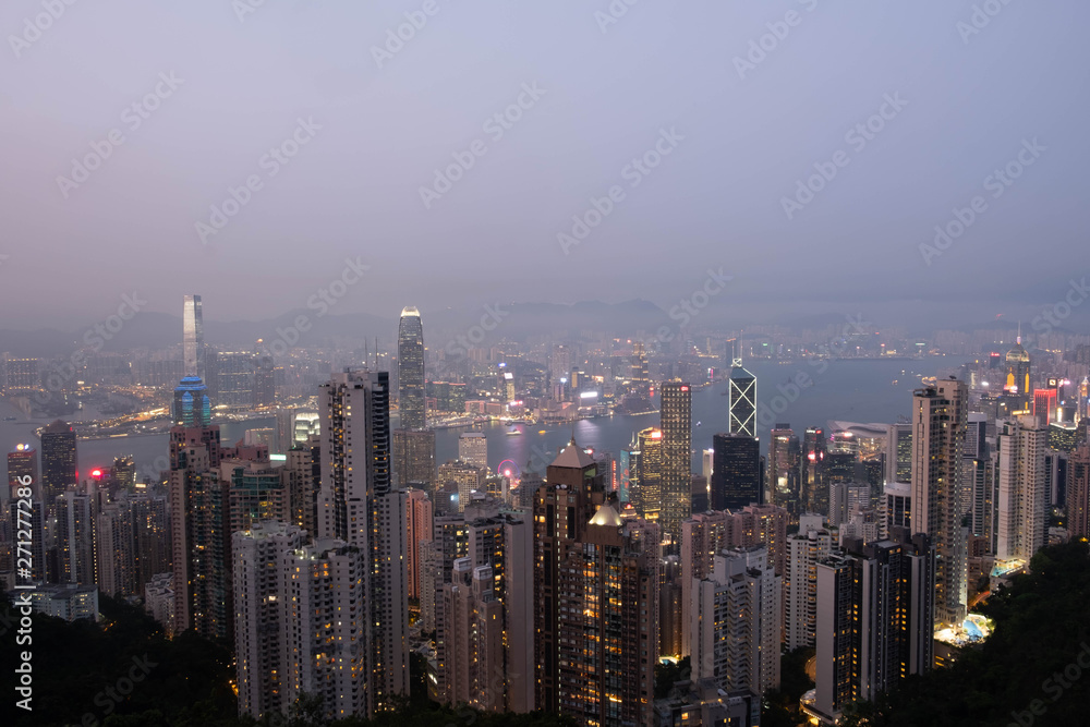 Hong Kong, Apirl 17, 2019, View of the city and the bay at Victoria Peak, Hong Kong.