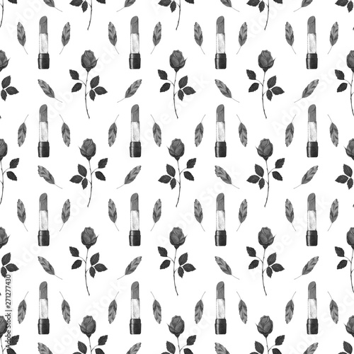  Beautiful monochrome watercolor fashion seamless pattern with lipstick, rose and feathers for your design project (printing on fabric, wrapping paper, wallpaper, etc.)