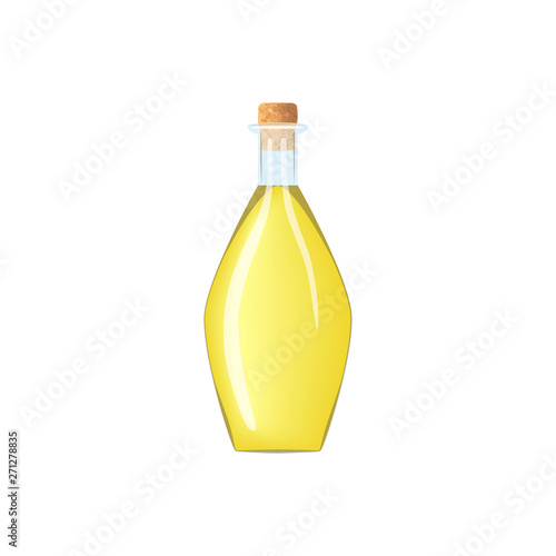 Glass wine empty bottle with cork and yellow liqui. tranparent icy-white decanter on white background. Flask for juice, wine, beer, spirits,