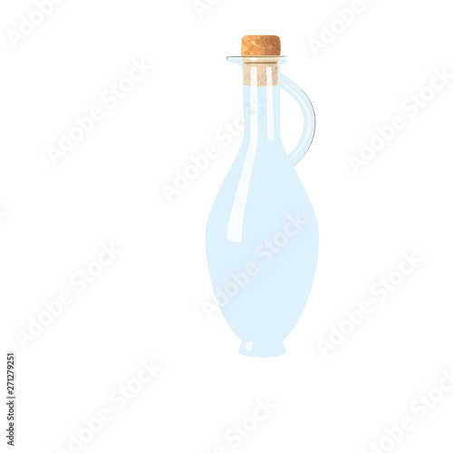 Glass empty flagon with cork, handle. tranparent icy-white decanter on white background