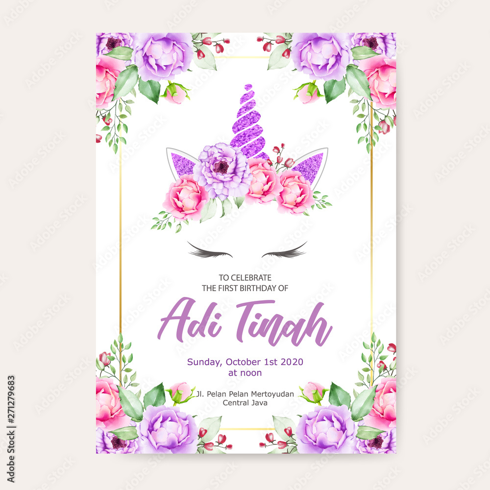 unicorn birthday and invitation card with floral wreath