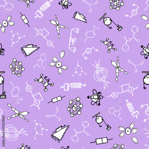 pattern seamless physics chemistry processes experiments molecule structure atom black and white doodle sketch