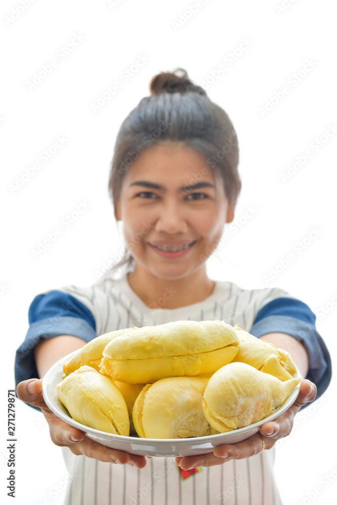 Asian woman with durian on white background. Asian woman with durian on white background.
