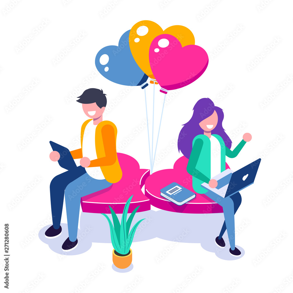 Young girl and a guy chatting sitting on a heart. Use portable devices for dating on the Internet or social networks. Vector isometric 3d illustration.