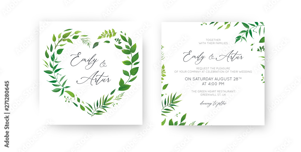 Wedding Invitation, floral invite, save the date card set. Watercolor green tropical leaf, lush greenery, eucalyptus, forest leaves, branches decorative wreath, frame. Elegant & lovely rustic template