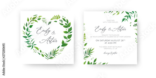 Wedding Invitation, floral invite, save the date card set. Watercolor green tropical leaf, lush greenery, eucalyptus, forest leaves, branches decorative wreath, frame. Elegant & lovely rustic template