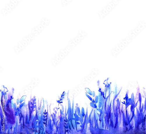 Abstract watercolor background: blue grass and leaves. Great for textures, banners, and greeting cards