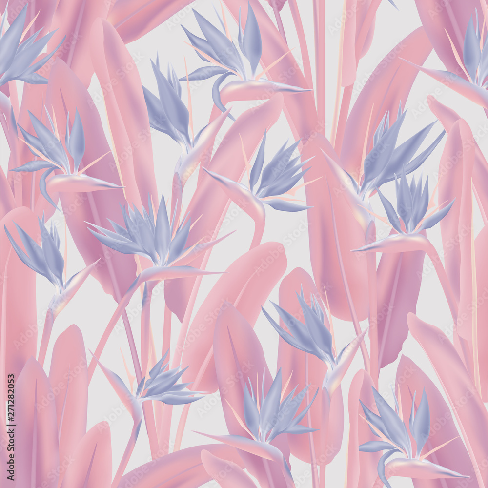 Tropical crane flower vector seamless pattern. Jungle plant paradise tropical summer fabric design. South African plant tropical blossom of crane flower, strelitzia. Floral wallpaper. Tropical crane flower vector seamless pattern. Jungle plant paradise tropical summer fabric design. South African plant tropical blossom of crane flower, strelitzia. Floral wallpaper.