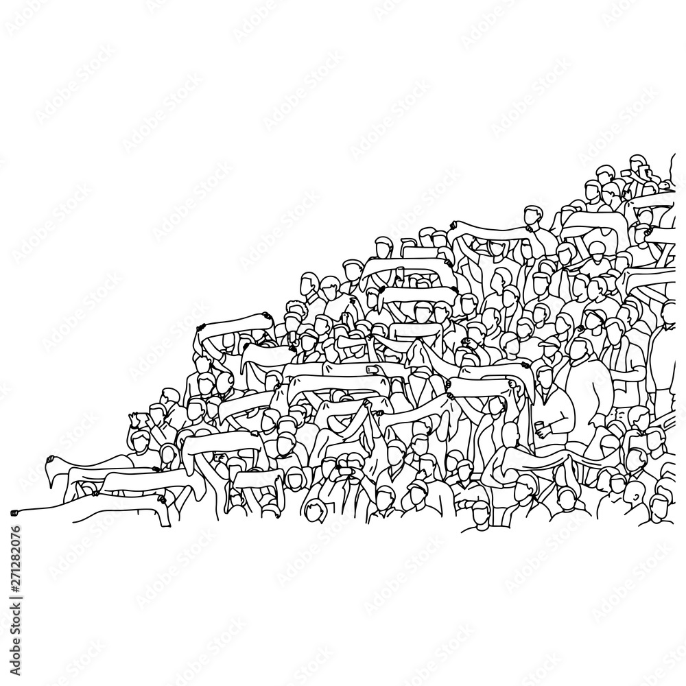 crowd of sport fan on stadium holding scalf vector illustration sketch doodle hand drawn with black lines isolated on white background with copyspace on the left.