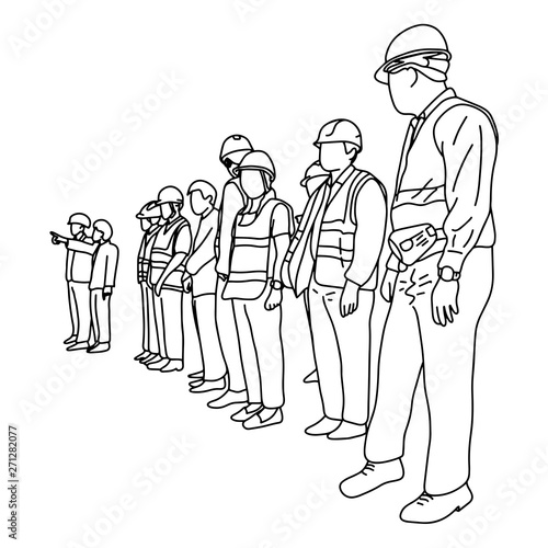 engineers with hard hat in construction site vector illustration sketch doodle hand drawn with black lines isolated on white background