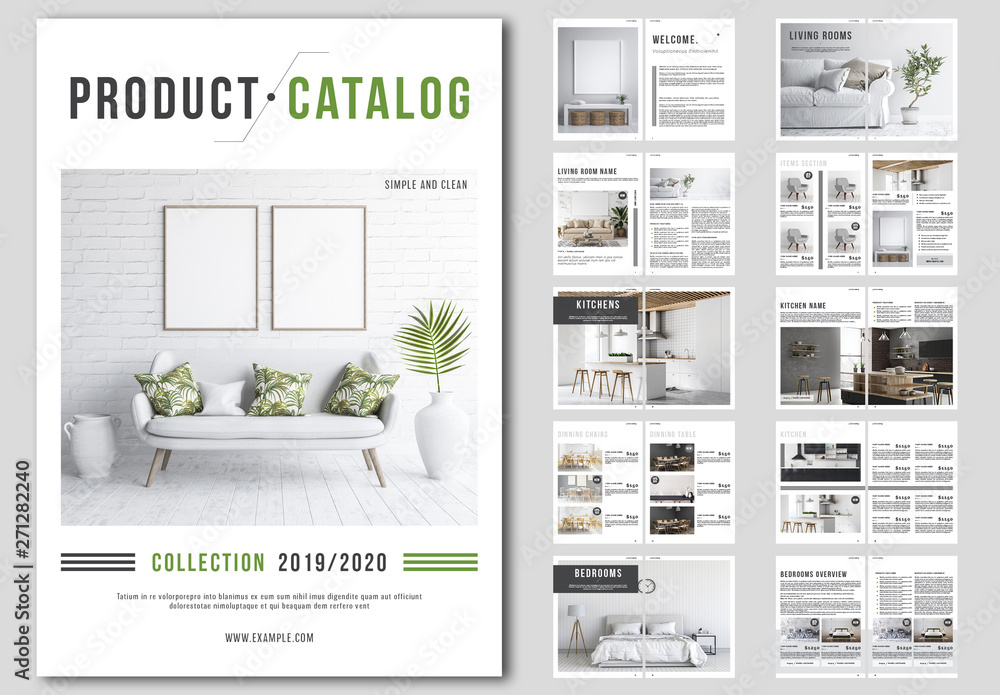Product Catalog Layout with Green and Gray Accents Stock Template