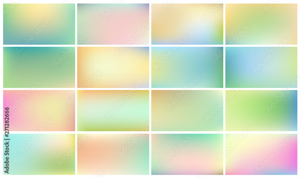 Set of light coloured backgrounds for children. Smooth and blurry abstract gradient for products presentation, books, poster, banner. Horizontal vector illustrations.