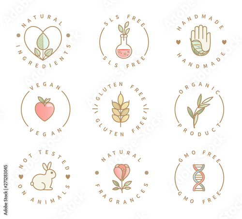 Set of eco product logos, natural organic healthy food and drink icons,labels for restaurant menu, packaging,packing.Healthy lifestyle. Handmade, gluten, sls and gmo free, not tested on animals.Vector