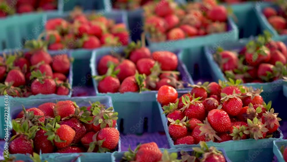 Dolly to left showing fresh strawberries in cardboard boxes at a farmers market. Dolly to left showing fresh strawberries in cardboard boxes at a farmers market.