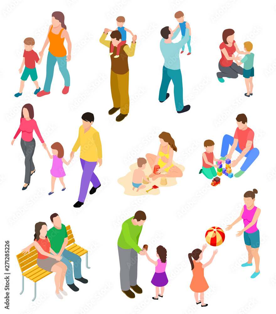 Isometric family. Children parents in different home and outdoor activity. 3d people families vector set. Illustration of isometric family pastime, parents and children