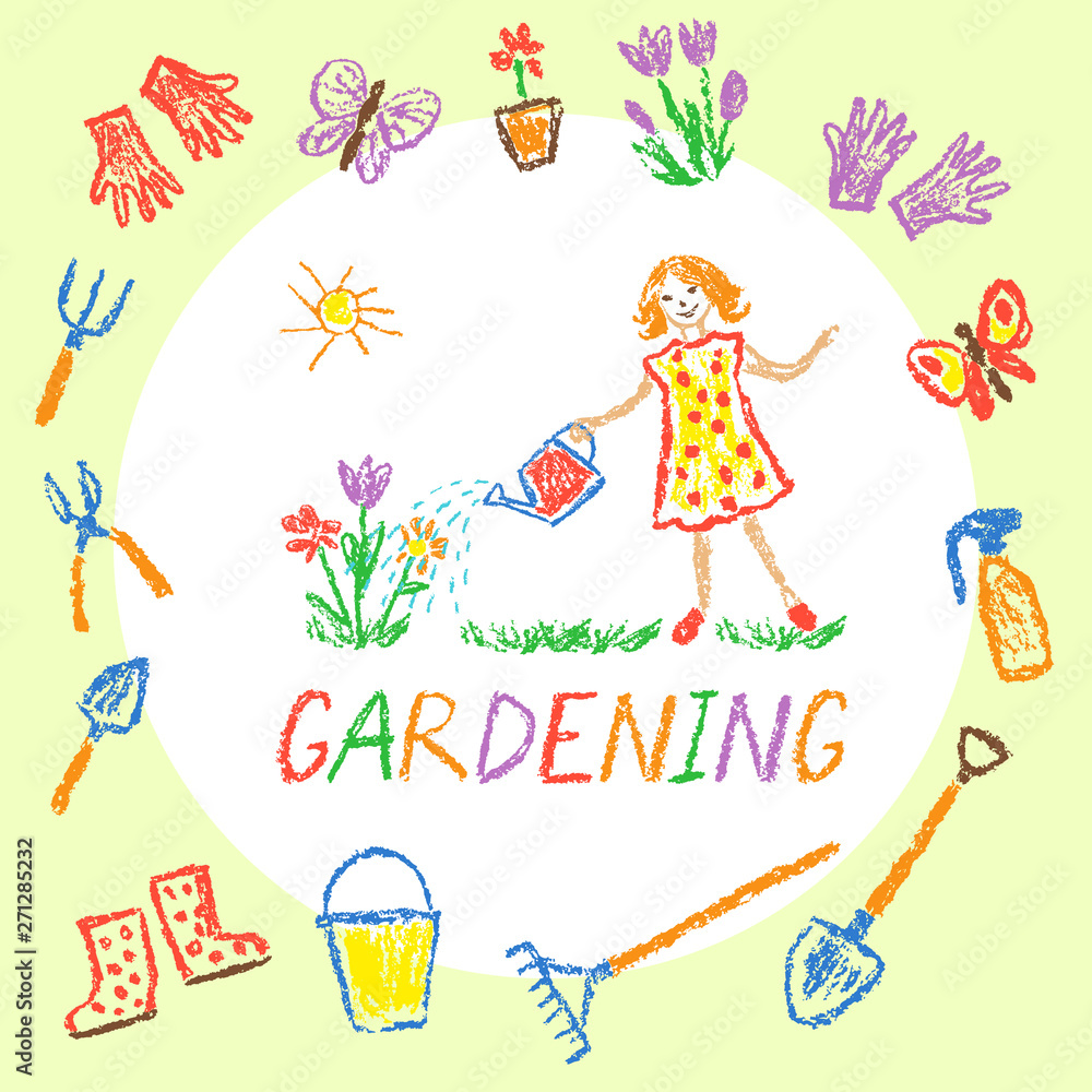 Gardening tools and girl set in frame. Garden kids art. Like child hand drawing funny. Crayon, pencil or pastel chalk isolated vector flower, shower watering can, shovel, cart, rubber boots, plant