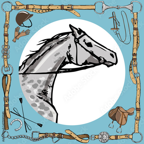 Dapple grey horse snout in leather belt frame. English equestrian sport style with bit, bridle, saddle, helmet, gloves, whip. Equine vector hand drawn vintage art like silk scarf.