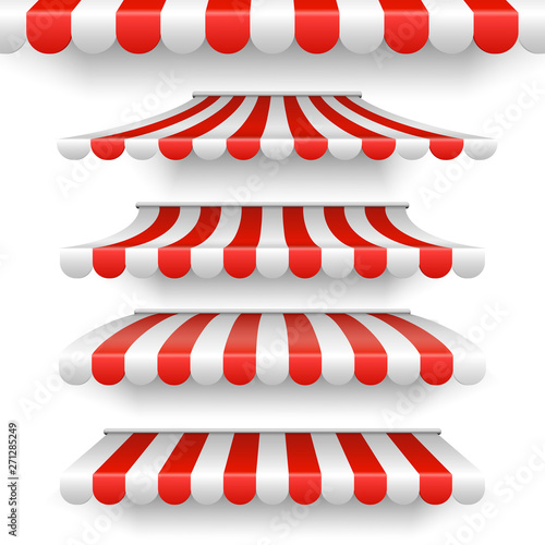Vector outdoor awnings. Red and white stripes sunshades isolated on white background. Set of awning stripe isolated, roof striped for grocery storefront illustration