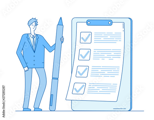 Checklist businessman. Person holding pencil at task list on clipboard. Complete questionnaire exam inspection vector concept. Illustration of checklist on clipboard for business