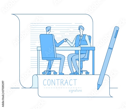 Agreement contract. Business partnership businessmen investors handshaking. Finance relationship investment cooperation vector concept. Illustration of partnership contract, handshake deal
